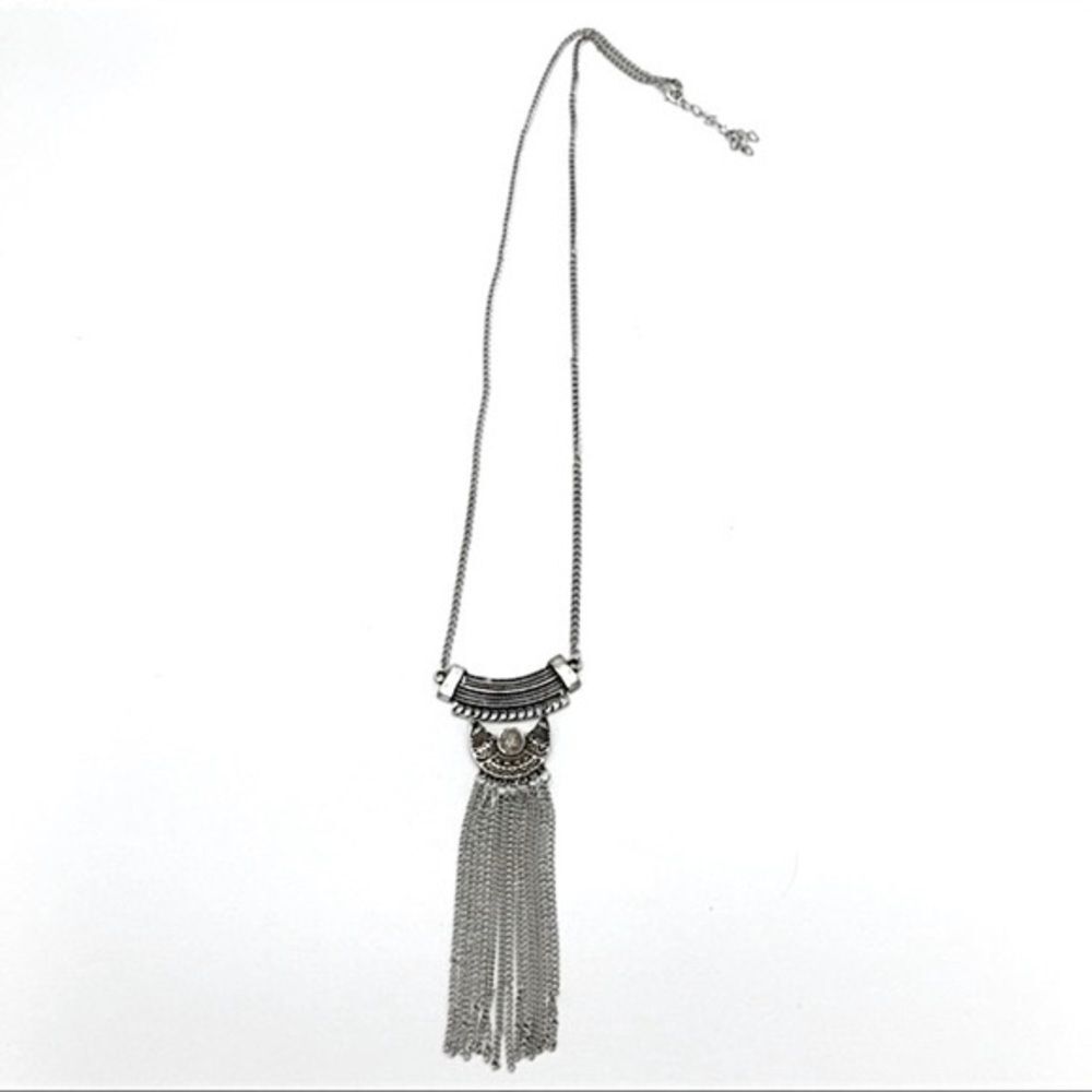 Western Silver tone Fringe Moon Metal Long Necklace Bohemian Southwestern - Picture 2 of 6